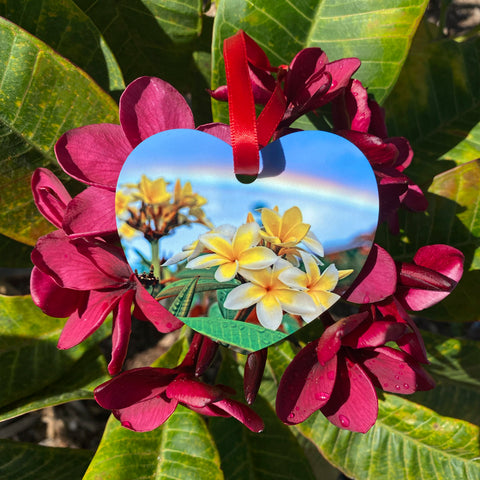 heart shaped ornament with white and yellow plumeria and a rainbow in the background