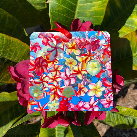 Square ornament filled with plumeria floating in water