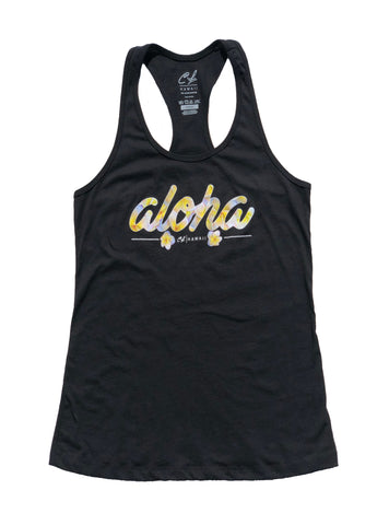 Womens Racerback Tank:  Aloha Plumeria (Black)