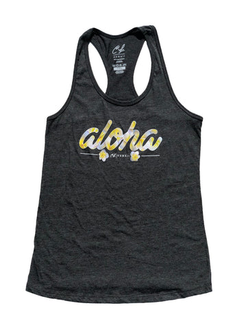 Womens Racerback Tank:  Aloha Plumeria (Dark Grey Heather)